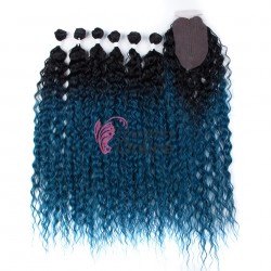 Extensii de par Afro Kinky Curly Hair Bundles cu Closure de 75 cm Ombre Brunet cu Albastru Cod 50122067